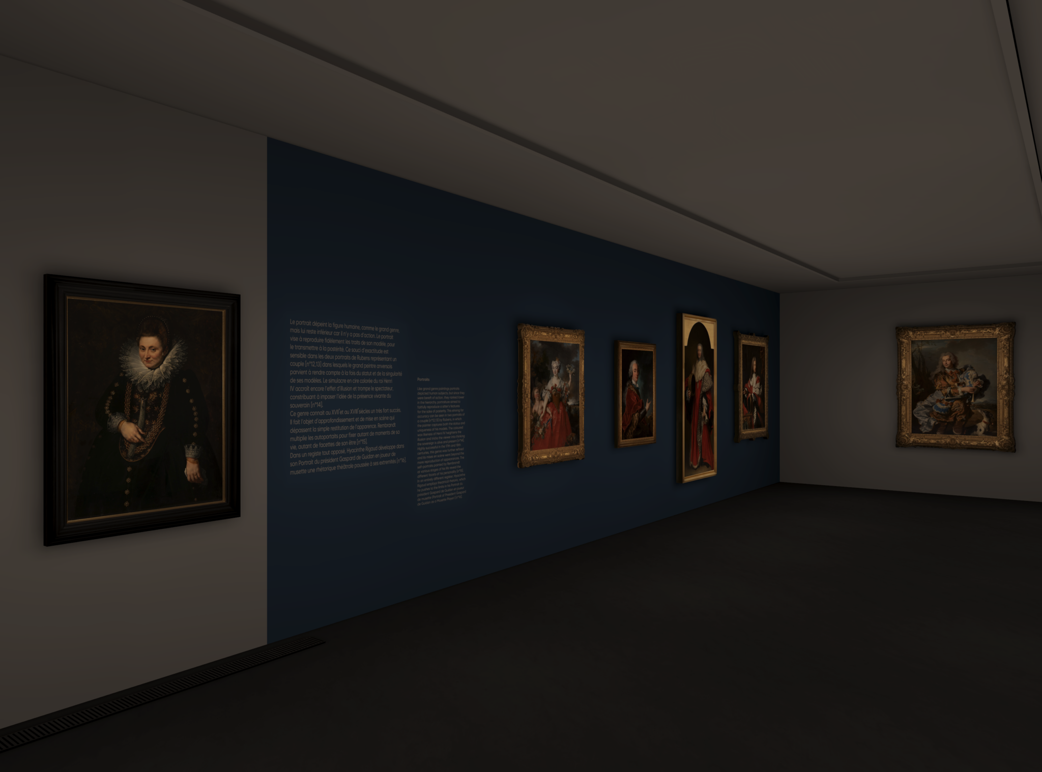 Capture d'écran du jumeau numérique du Musée Granet : salle de portraits sur mur bleu, exposition « Questions de genres »